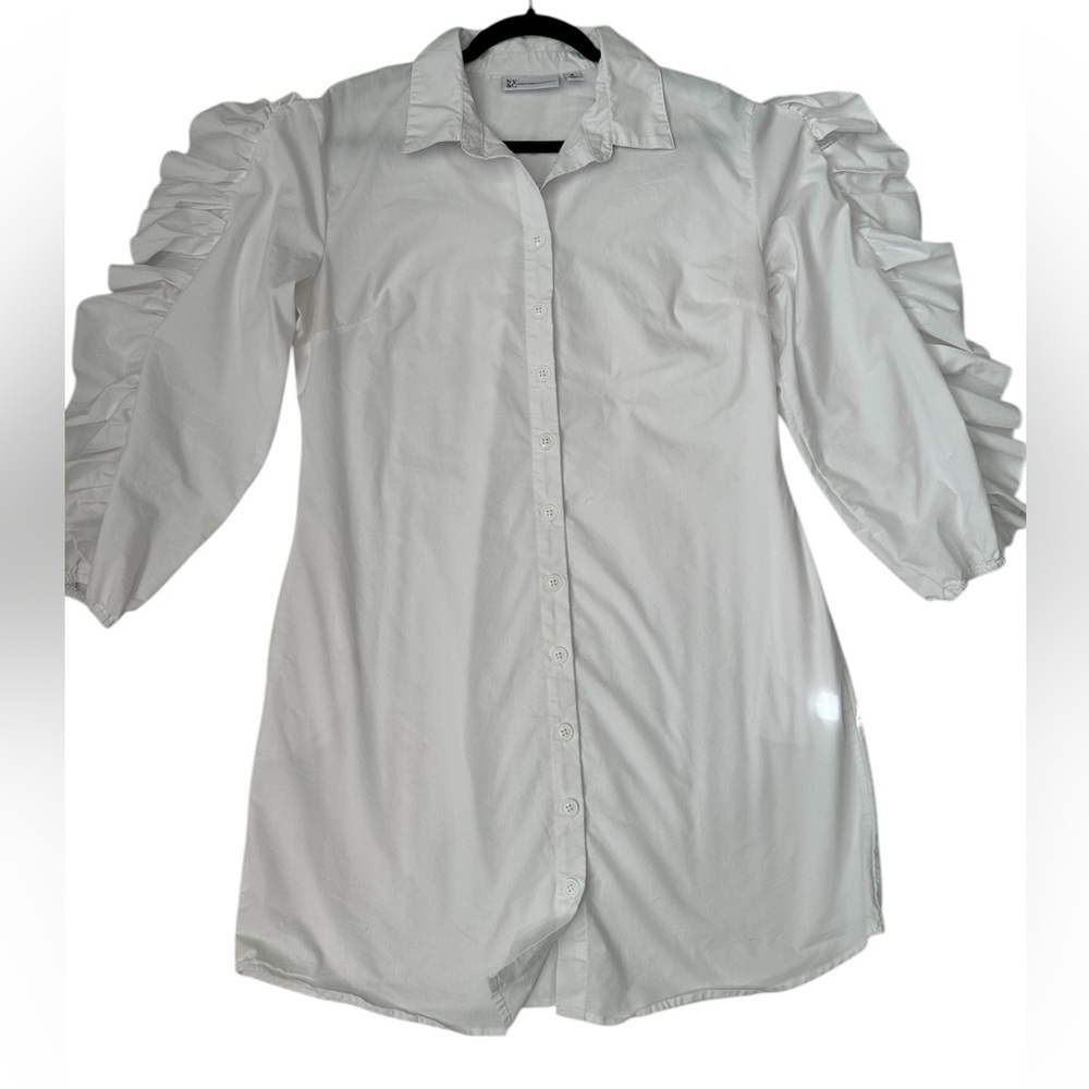 New York & Company White Puff ruffle Sleeve Button Down Shirt Dress Sz Medium - Picture 2 of 6